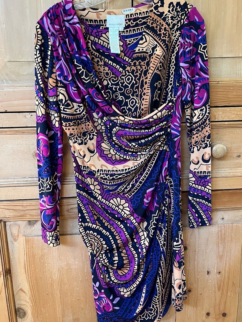 Donna Morgan Purple Paisley Wrap-Style Long Sleeve Dress Sz 2